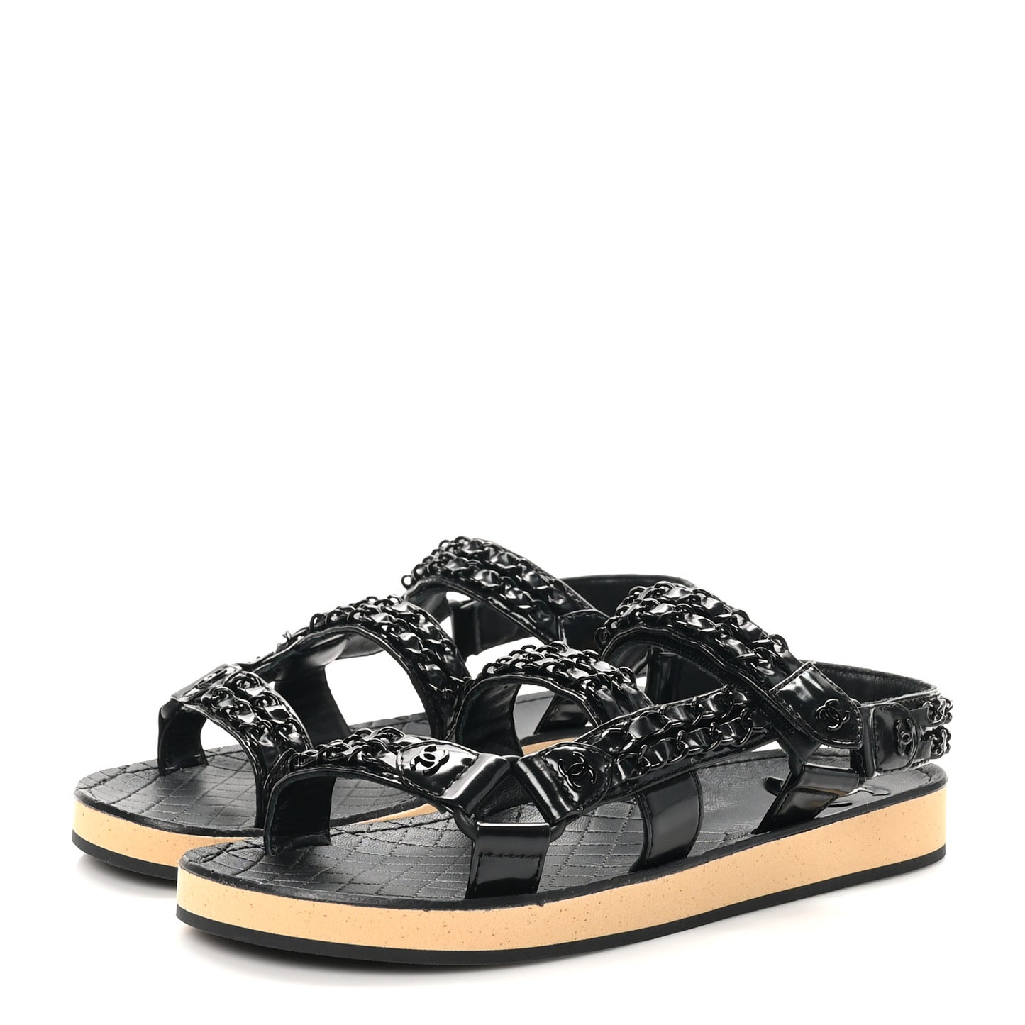 Laminated Goatskin Chain Sandals 37 Black