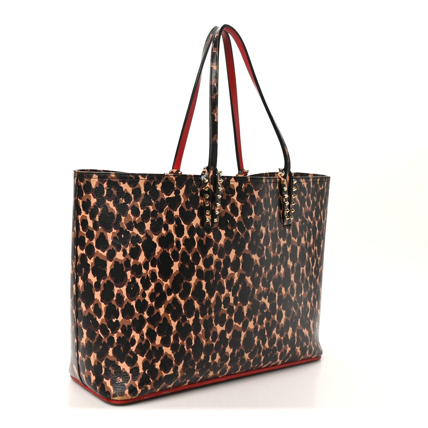 Calfskin Leopard Print Spikes East West Cabata Tote Brown