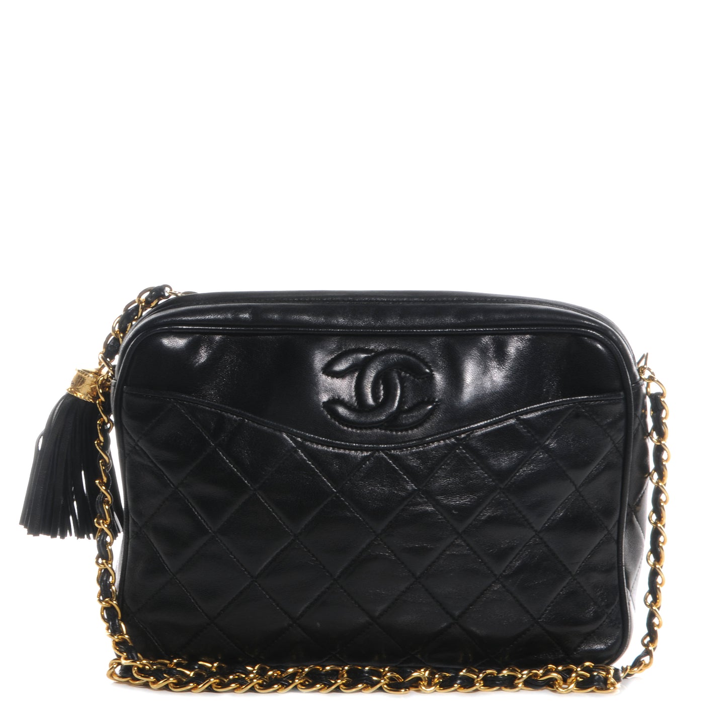 Lambskin Quilted Tassel Camera Case Black