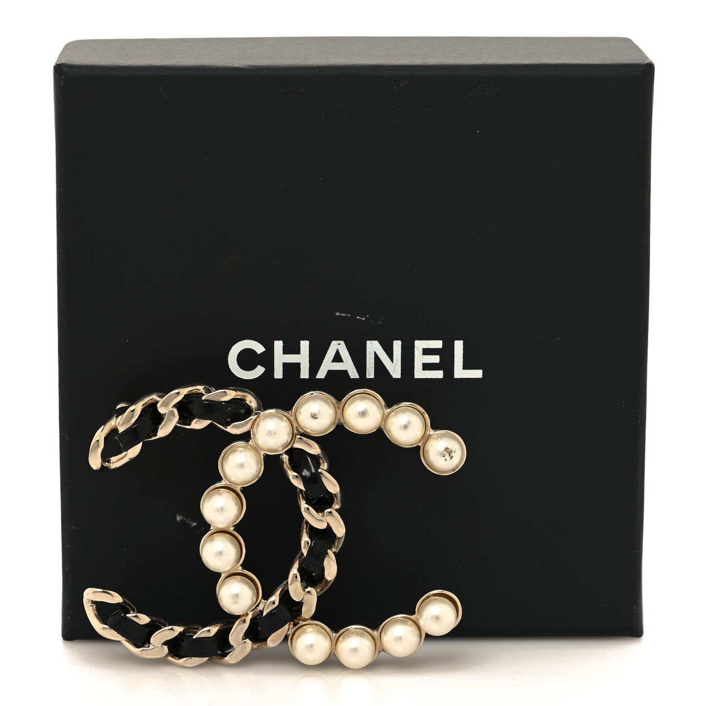 Lambskin Pearl CC Chain Brooch Black Gold