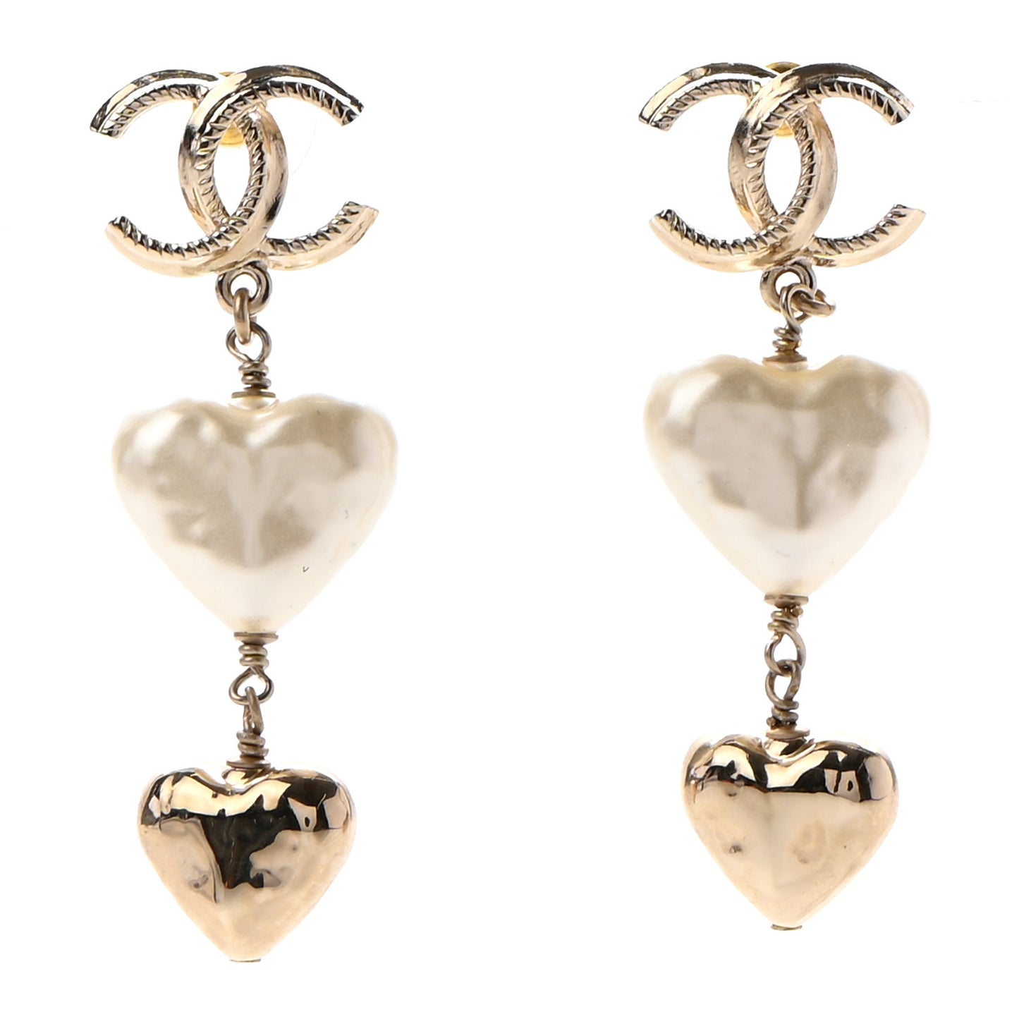 Pearl CC Double Heart Drop Earrings Gold