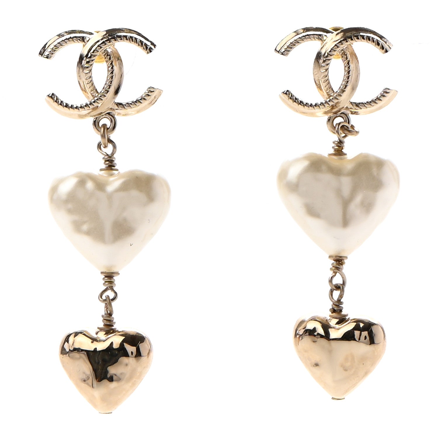 Chanel Pearl CC Double Heart Drop Earrings Gold 1 of 4