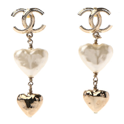 Chanel Pearl CC Double Heart Drop Earrings Gold 1 of 4