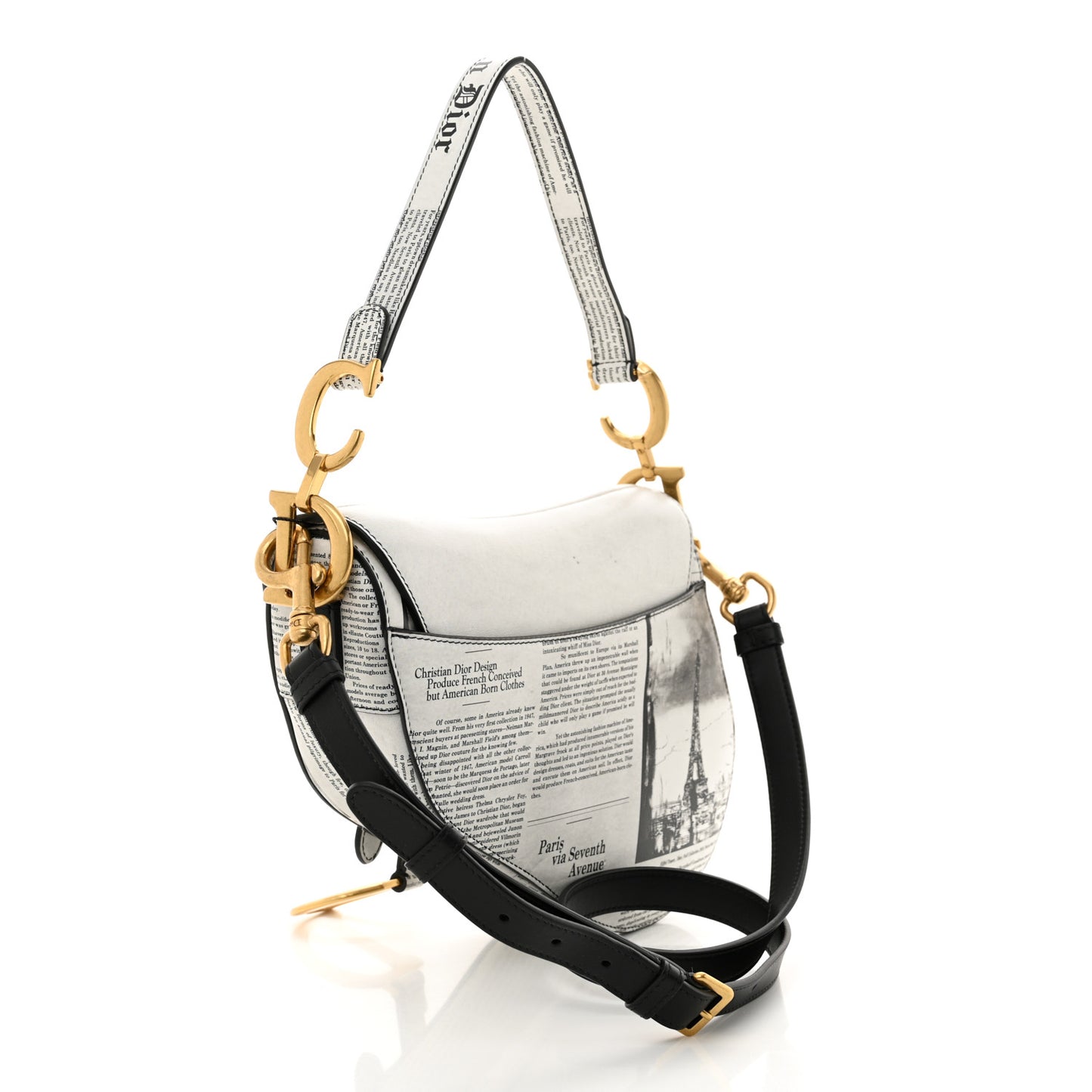 Calfskin Newspaper Printed Saddle Bag With Strap Black White