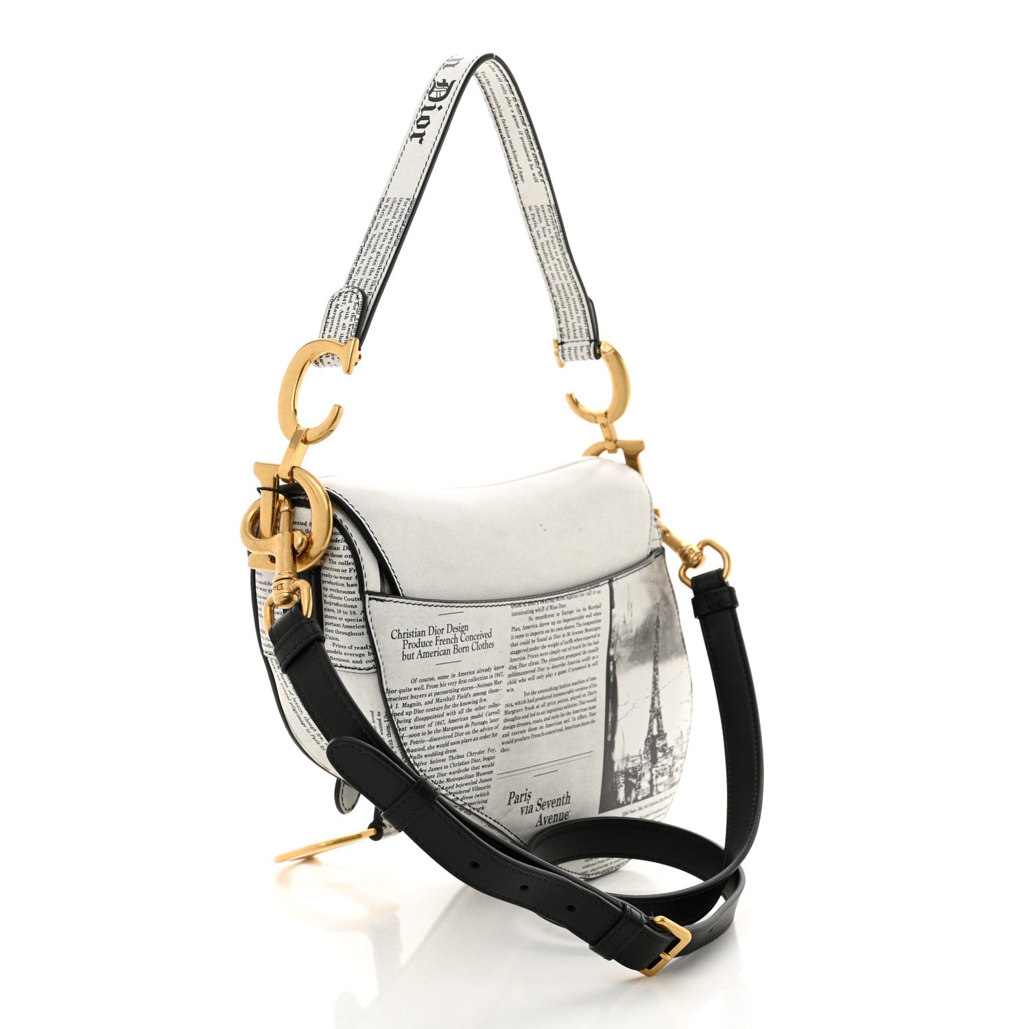 Christian Dior Calfskin Newspaper Printed Saddle Bag With Strap Black White 3 of 12