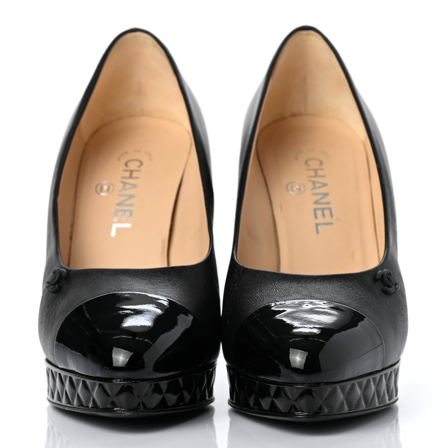 Lambskin Patent CC Cap Toe Platform Quilted Pumps 38.5 Black