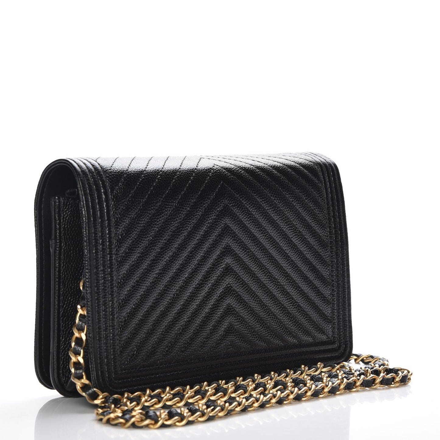 Caviar Chevron Quilted Boy Wallet On Chain WOC Black
