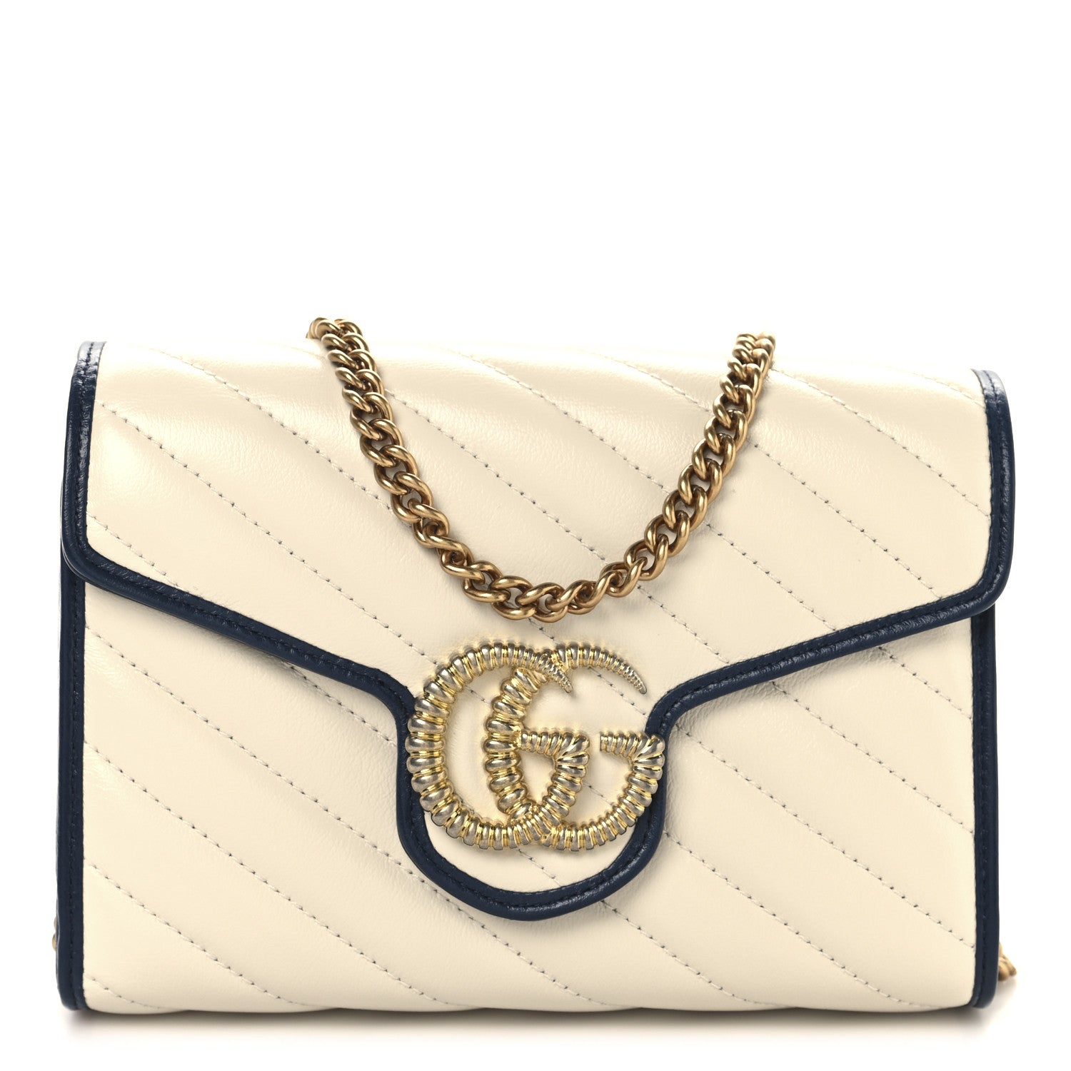 Gucci Vintage Effect Calfskin Matelasse Diagonal Torchon GG Marmont Chain Wallet Mystic White Blue Agata 1 of 13