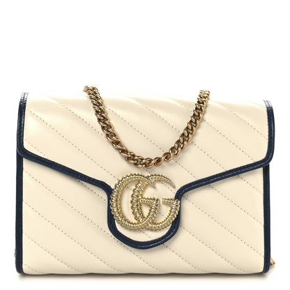 Gucci Vintage Effect Calfskin Matelasse Diagonal Torchon GG Marmont Chain Wallet Mystic White Blue Agata 1 of 13