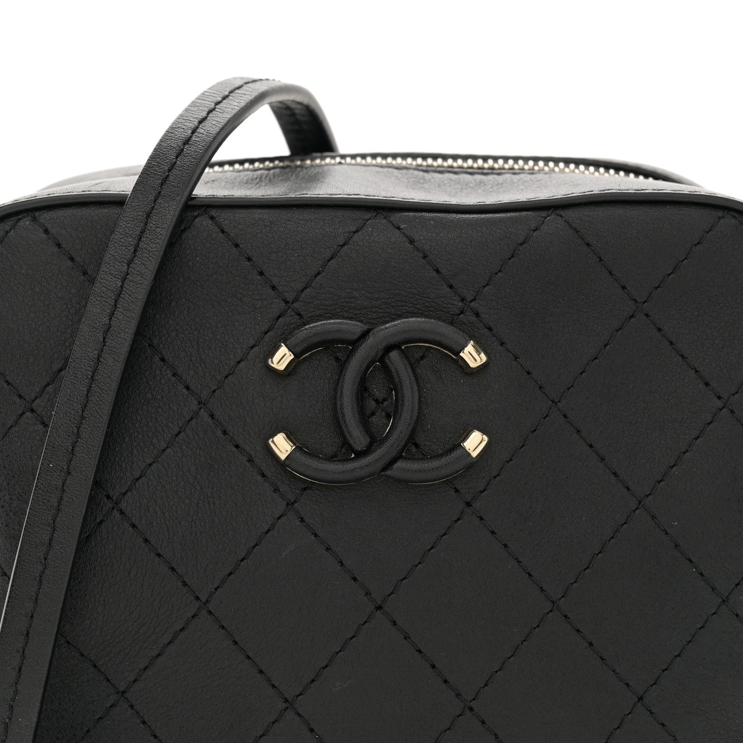 Calfskin Stitched Covered CC Camera Case Bag Black