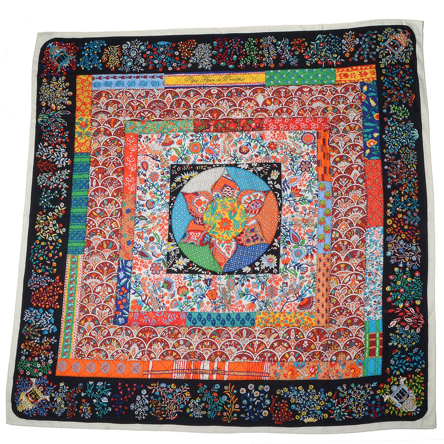 Hermes Cashmere Silk Pique Fleuri de Provence Shawl 140 Blanc Noir Multicolor 3 of 7