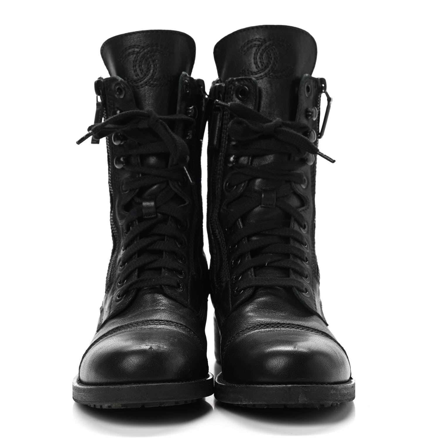 Chanel Sheepskin Quilted CC Tall Lace Up Combat Boots 39.5 Black 2 of 10