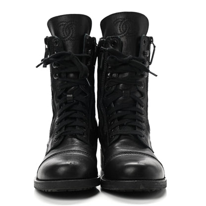 Chanel Sheepskin Quilted CC Tall Lace Up Combat Boots 39.5 Black 2 of 10