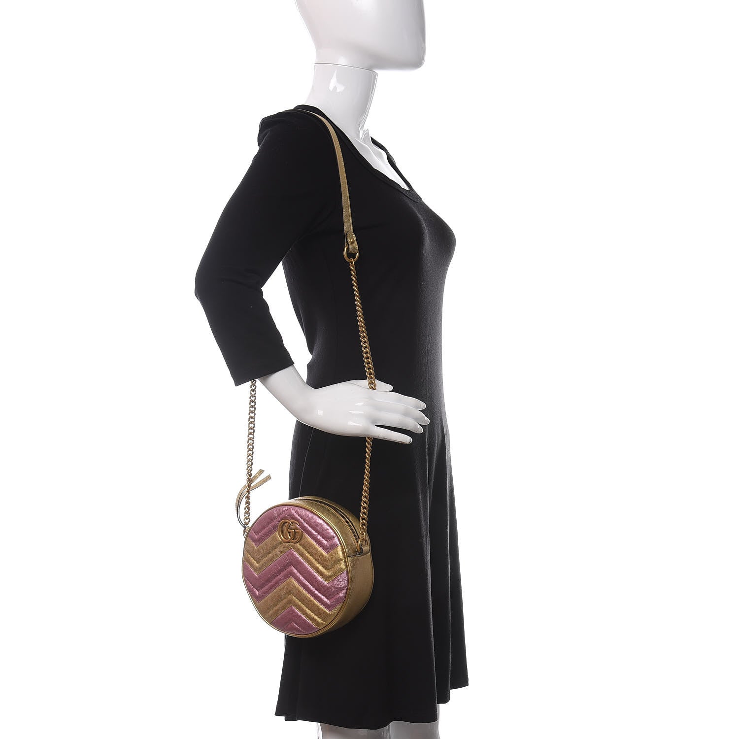 Gucci Metallic Calfskin Matelasse Mini GG Marmont Round Shoulder Bag Gold Pink 2 of 10