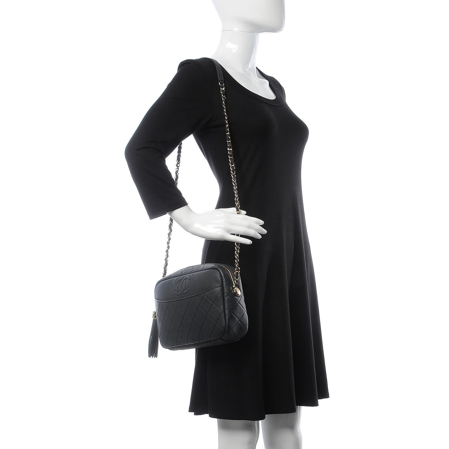 Caviar Quilted Medium Coco Tassel Camera Case Black