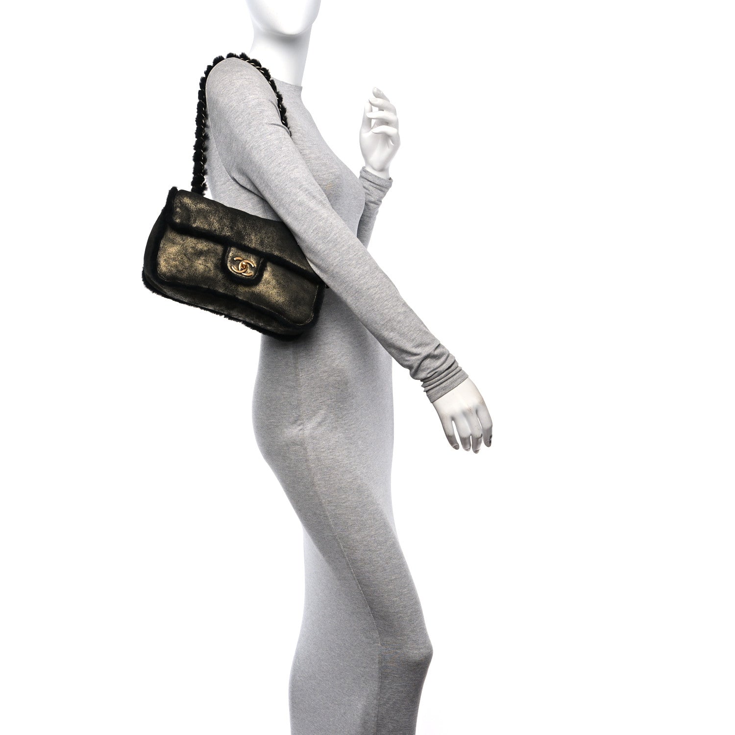 Chanel Metallic Lambskin Shearling Flap Gold Black 2 of 11