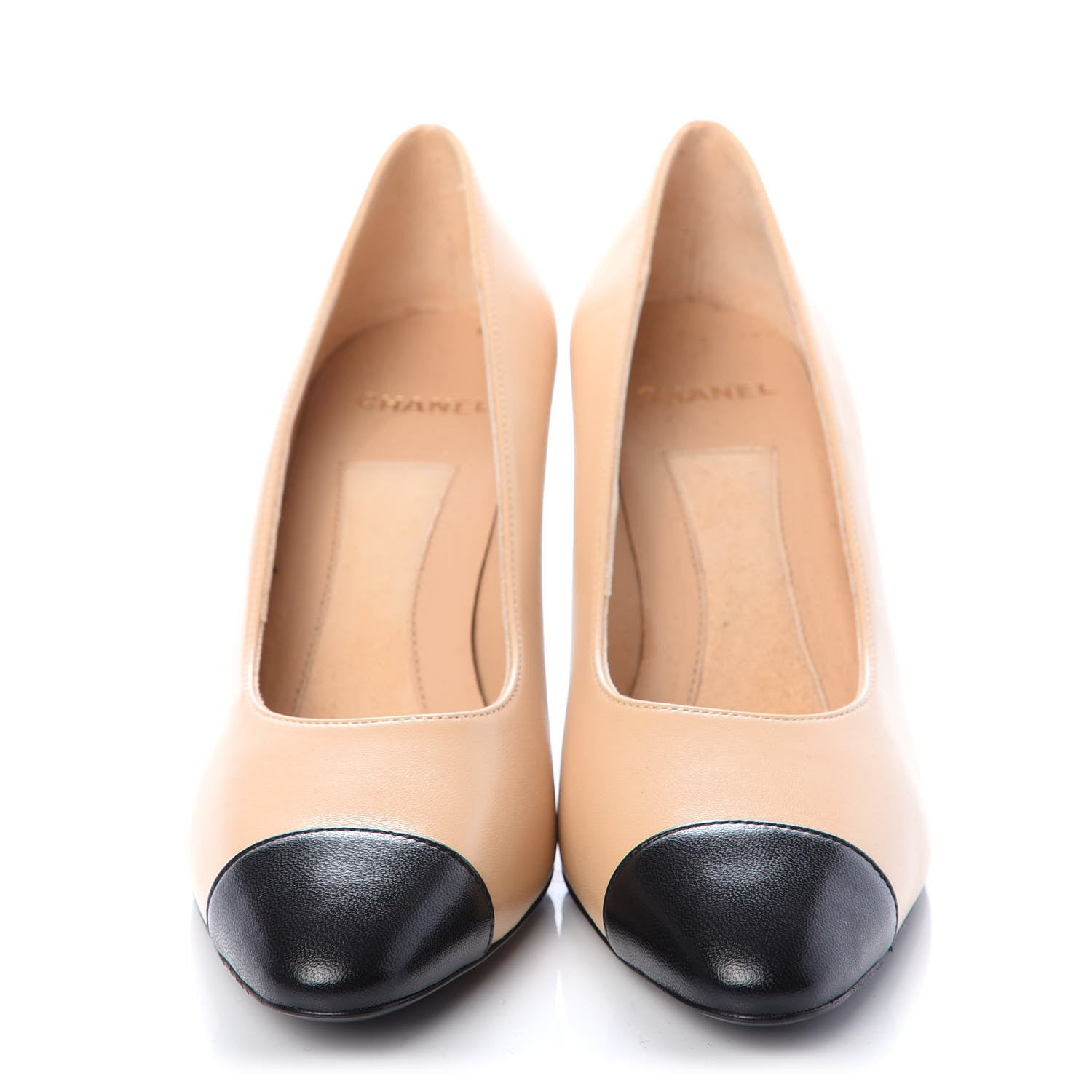 Chanel Lambskin Patent Cap Toe Pearl Pumps 37 Beige Black 2 of 10