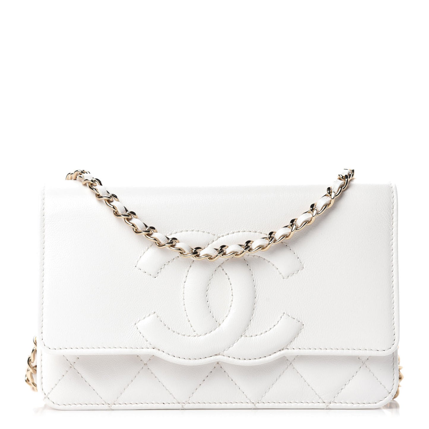 Goatskin Quilted Timeless CC Wallet On Chain WOC White