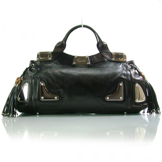 Leather Race Bamboo Tassel Tote Black