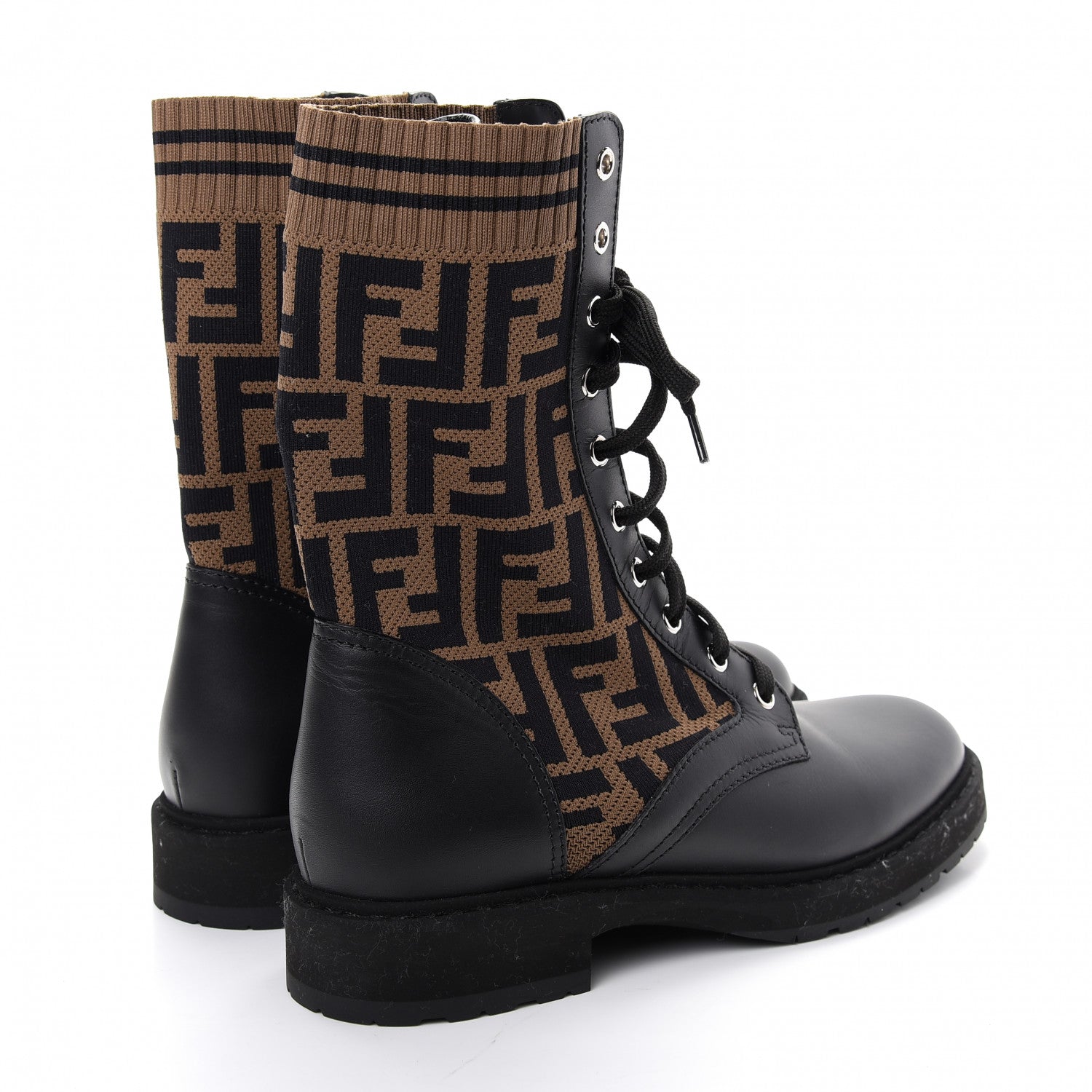 Fendi Calfskin Stretch Fabric FF Rockoko Biker Boots 39 Black Tobacco 4 of 8