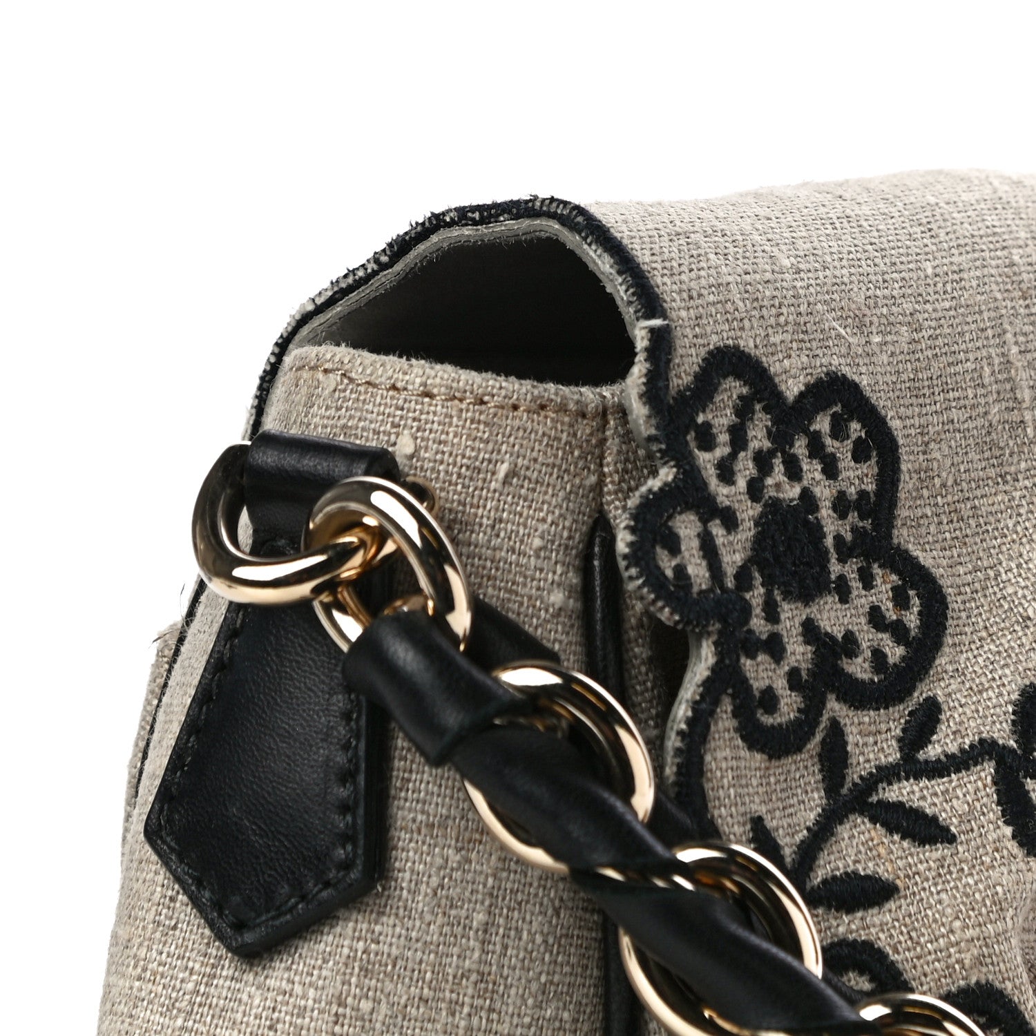 Fendi Linen Embroidered Mia Shoulder Flap Beige Black 15 of 21