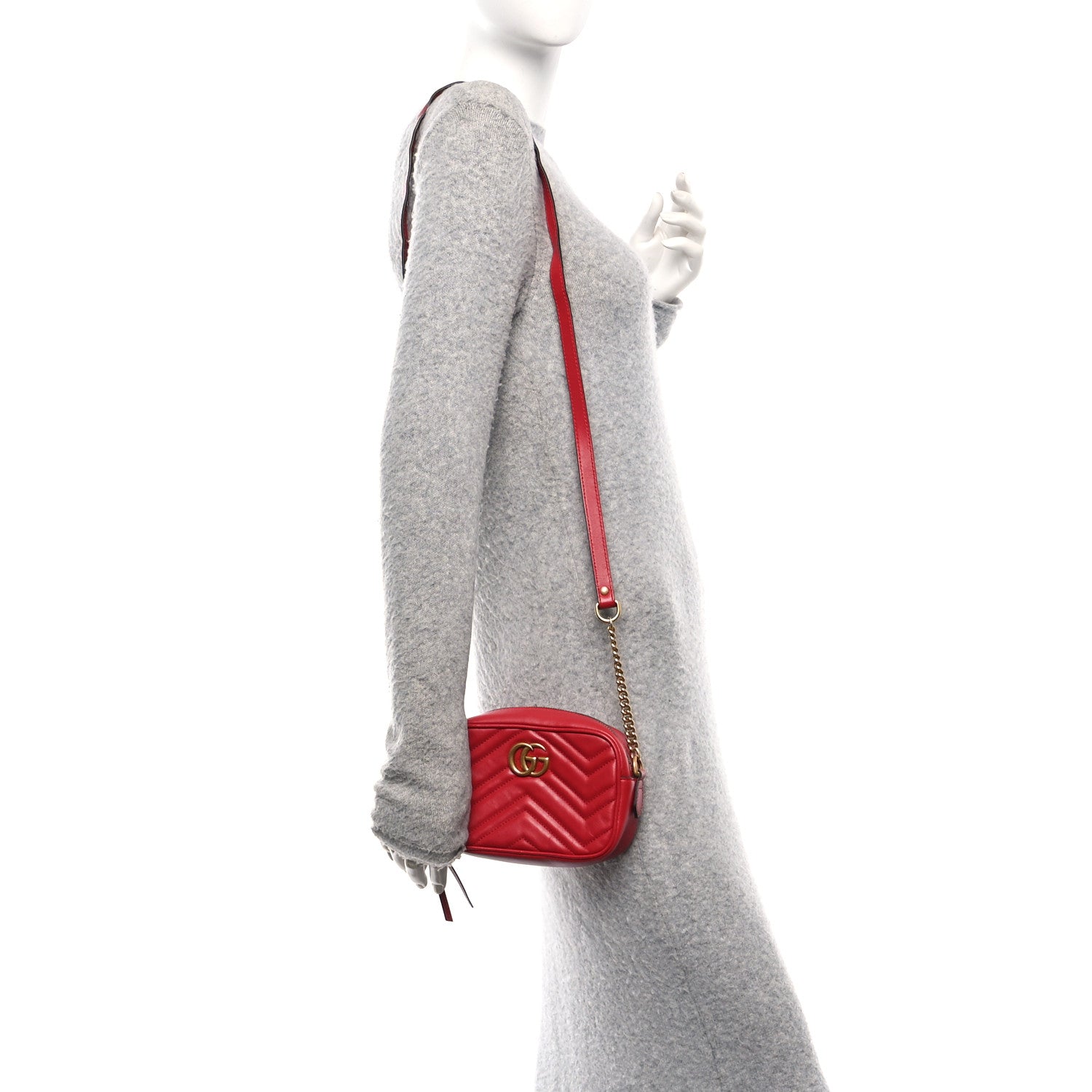 Gucci Calfskin Matelasse Mini GG Marmont Chain Shoulder Bag Hibiscus Red 2 of 11