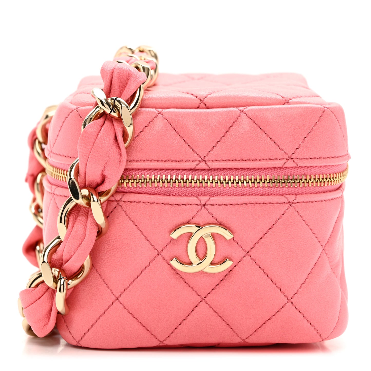 Lambskin Quilted Cube Chain Wristlet Case Pink
