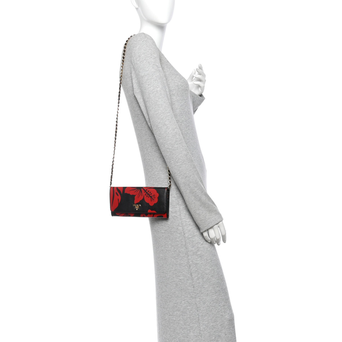 Saffiano Hibiscus Print Oro Chain Wallet Rosso