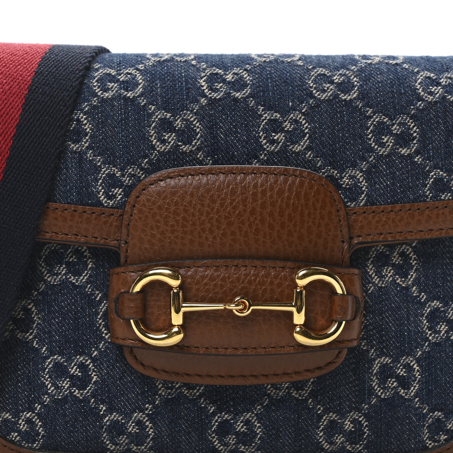 Gucci New Denim GG Monogram Dollar Calfskin Web Mini Horsebit 1955 Shoulder Bag Blue Tea Cuir Epilog 8 of 11