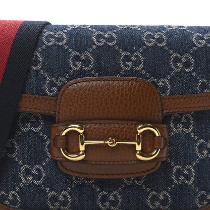 Gucci New Denim GG Monogram Dollar Calfskin Web Mini Horsebit 1955 Shoulder Bag Blue Tea Cuir Epilog 8 of 11