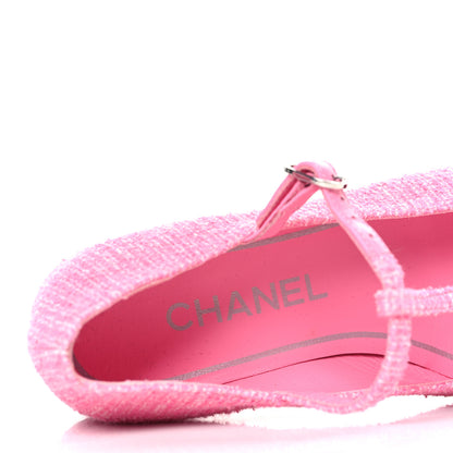 Chanel Tweed Grosgrain Cap Toe T Strap CC Flats 35.5 Pink Black 7 of 8
