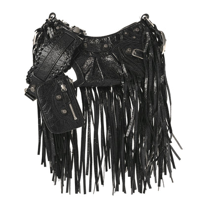 Balenciaga Agneau Arena Le Cagole Fringe Shoulder Bag XS Black 2 of 10