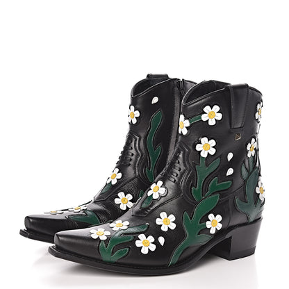 Valentino Garavani Calfskin Ranch Daisy Applique Ankle Boots 39 Black 3 of 13