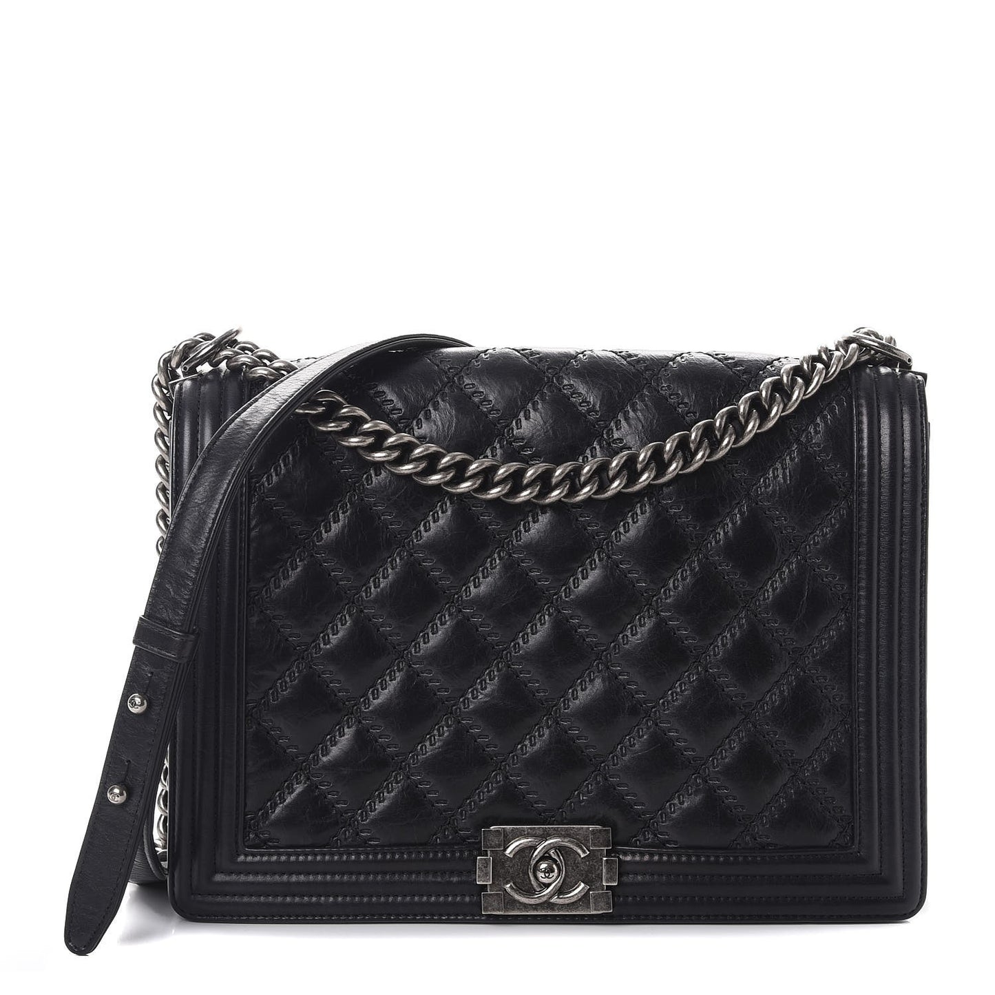 Calfskin Embossed Stitch Large Boy Flap Black