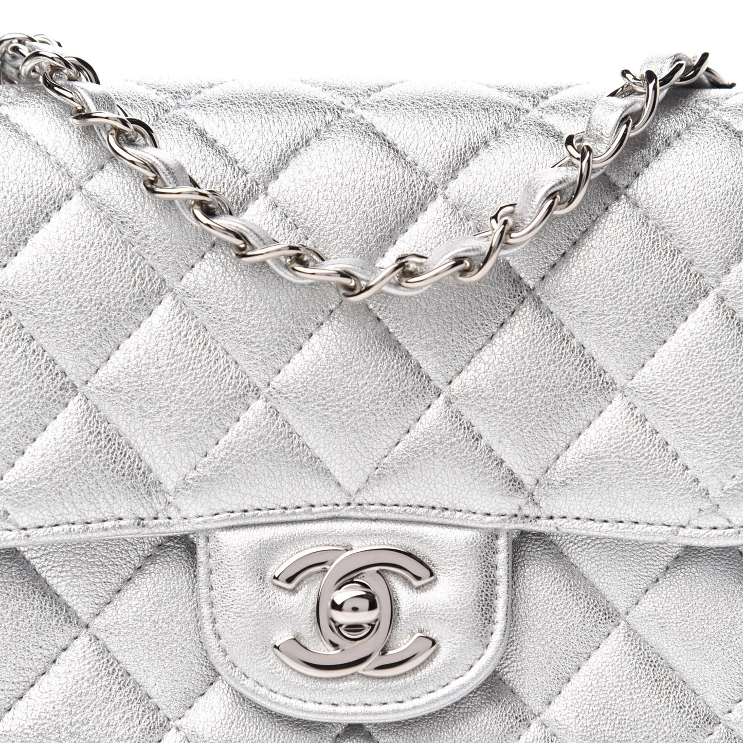 Metallic Lambskin Quilted Mini Square Flap Silver