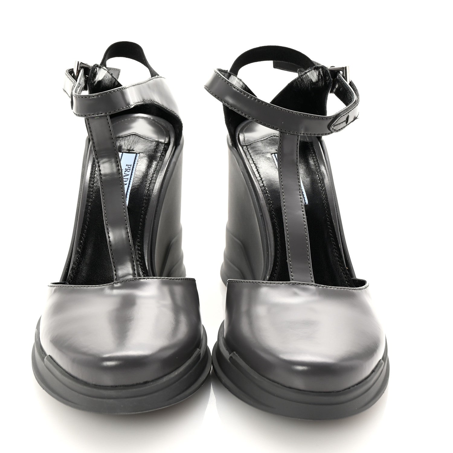 Prada Spazzolato Mary Jane T Strap Wedge Pumps 40 Mercurio 3 of 8