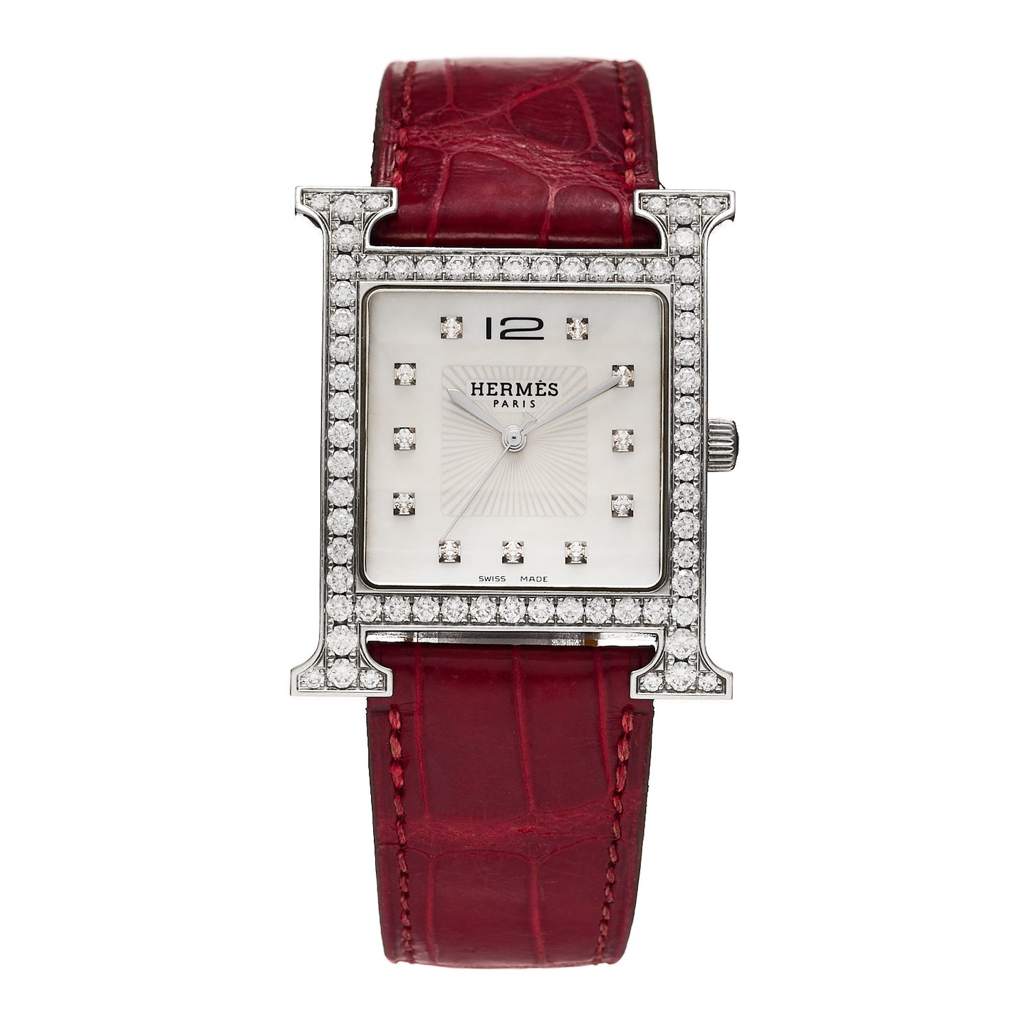 Stainless Steel Alligator Diamond Bezel Mother of Pearl 30.5mm Heure H Hour Quartz Watch Braise