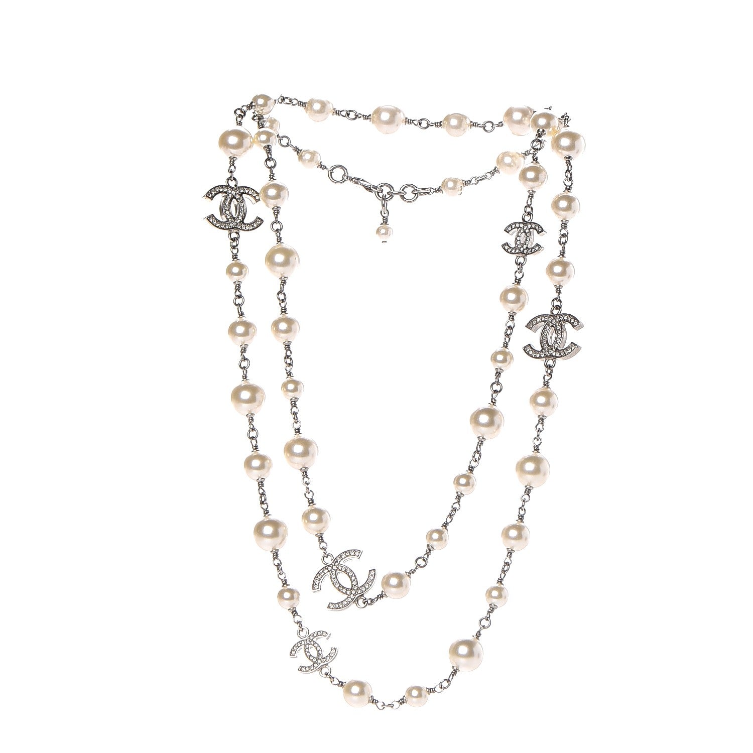 Chanel Crystal Pearl CC Long Necklace Silver 3 of 5