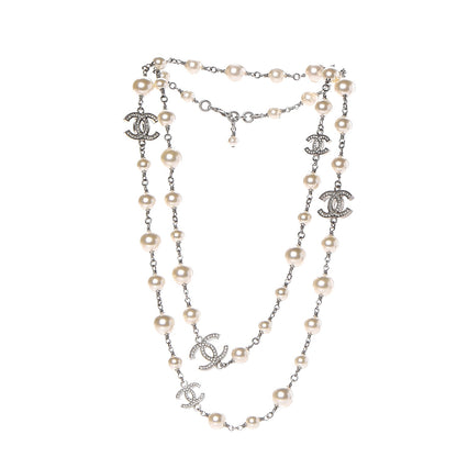 Chanel Crystal Pearl CC Long Necklace Silver 3 of 5