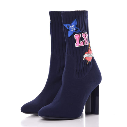 Louis Vuitton Stretch Fabric LV Black Heart Sock Ankle Boots 39 Marine 3 of 9