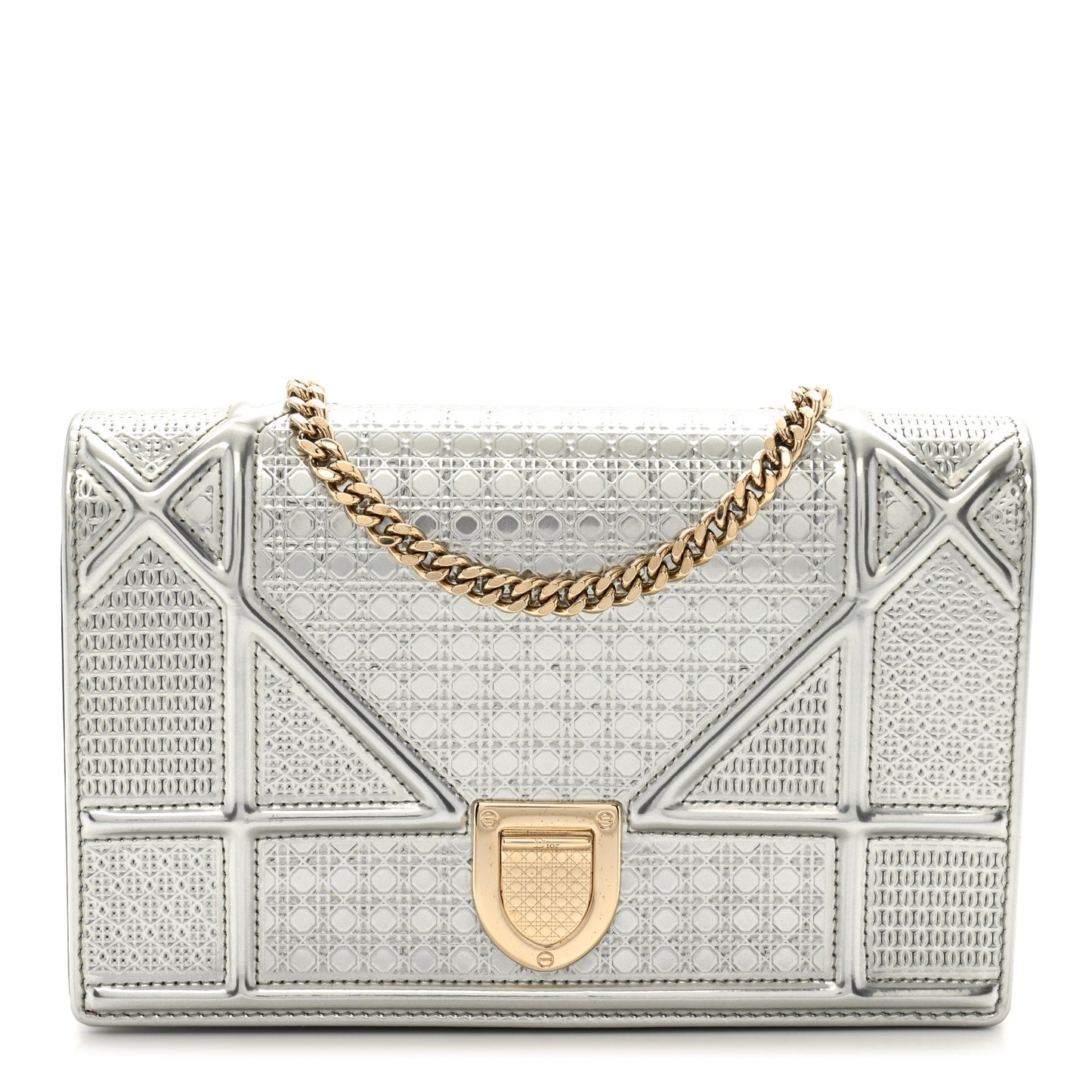Metallic Patent Micro-Cannage Diorama Wallet on Chain Pouch Silver