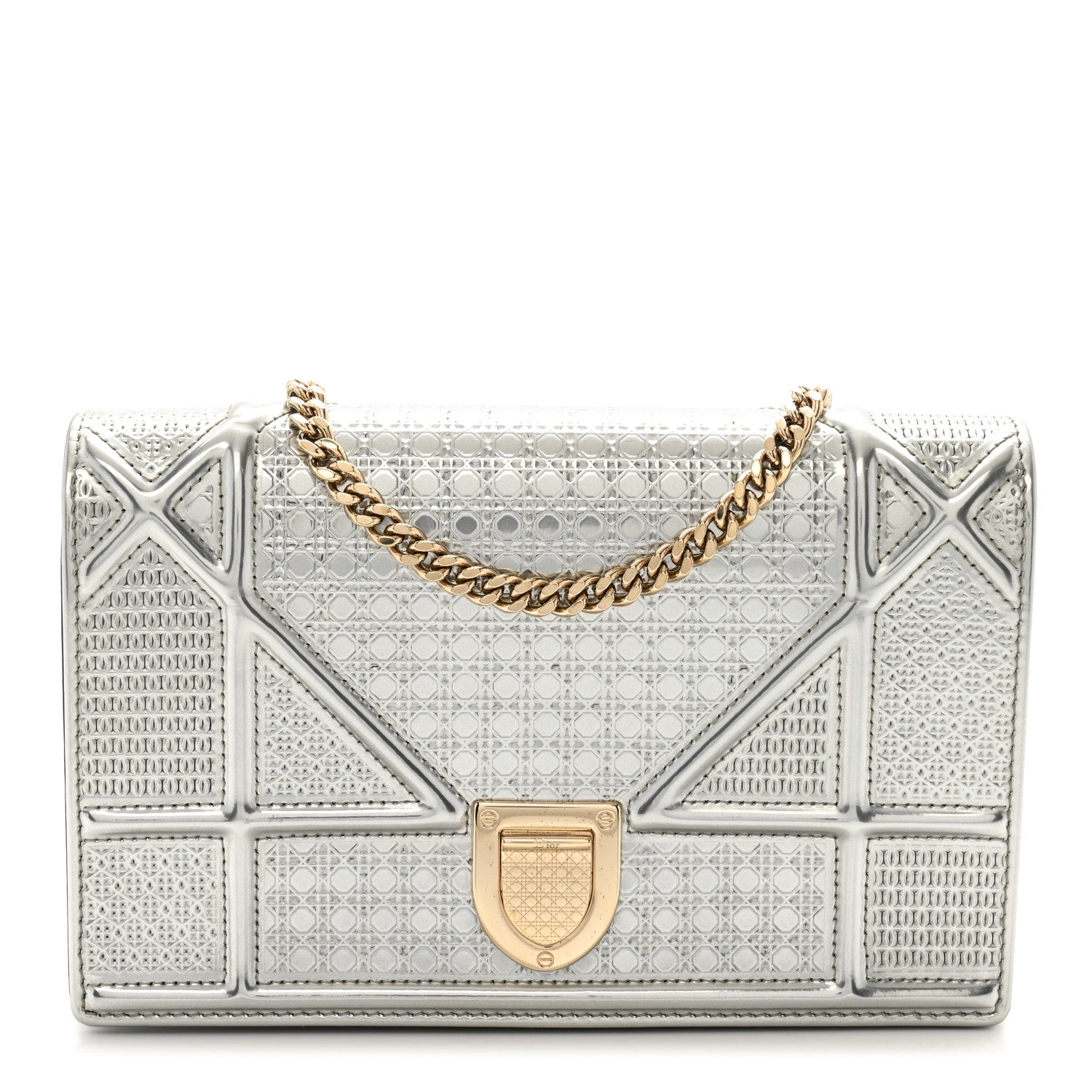 Christian Dior Metallic Patent Micro-Cannage Diorama Wallet on Chain Pouch Silver 1 of 8