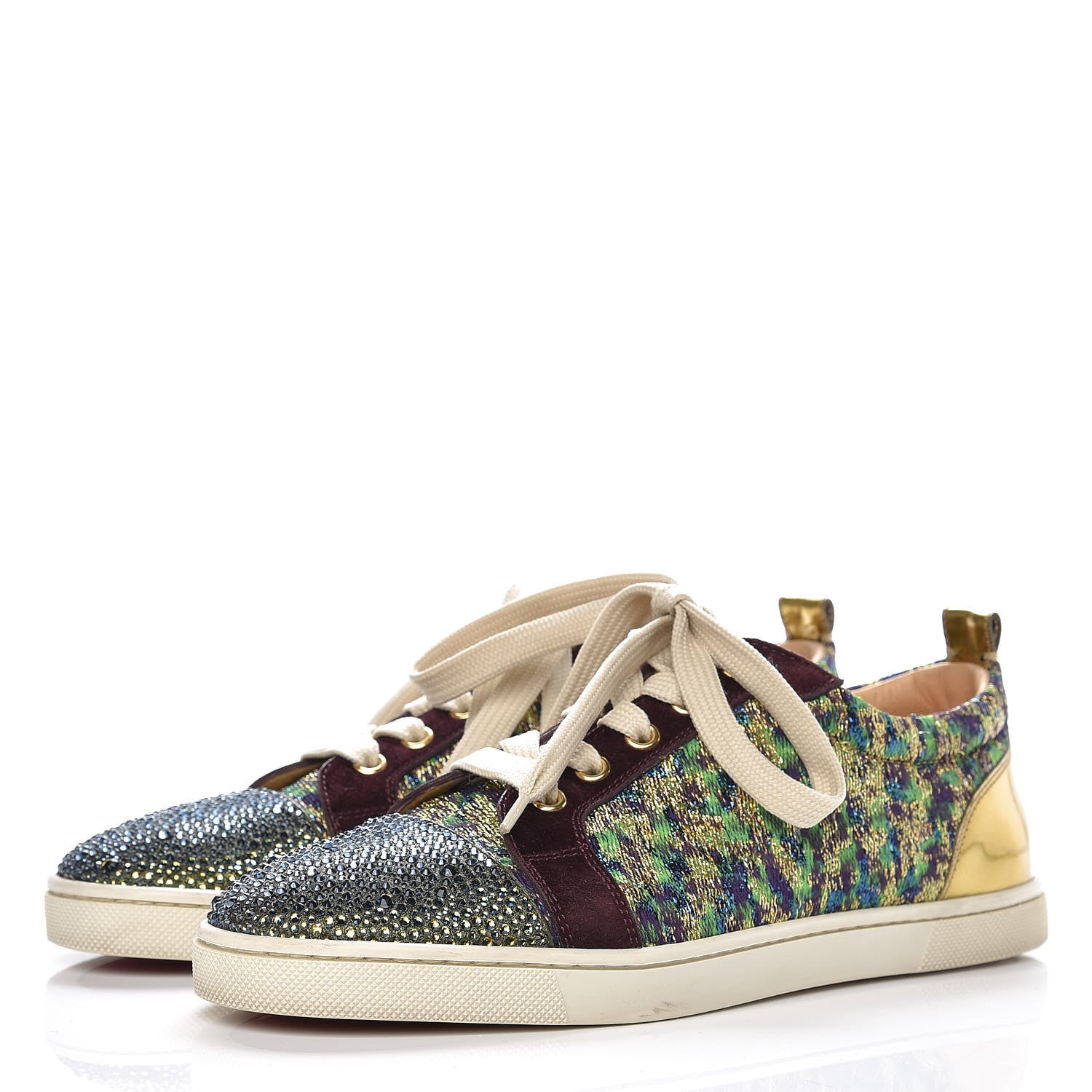 Christian Louboutin Crystal Metallic Suede Peacock Woven Lurex Gondolastrass Sneakers 37 Burgundy Green 3 of 11
