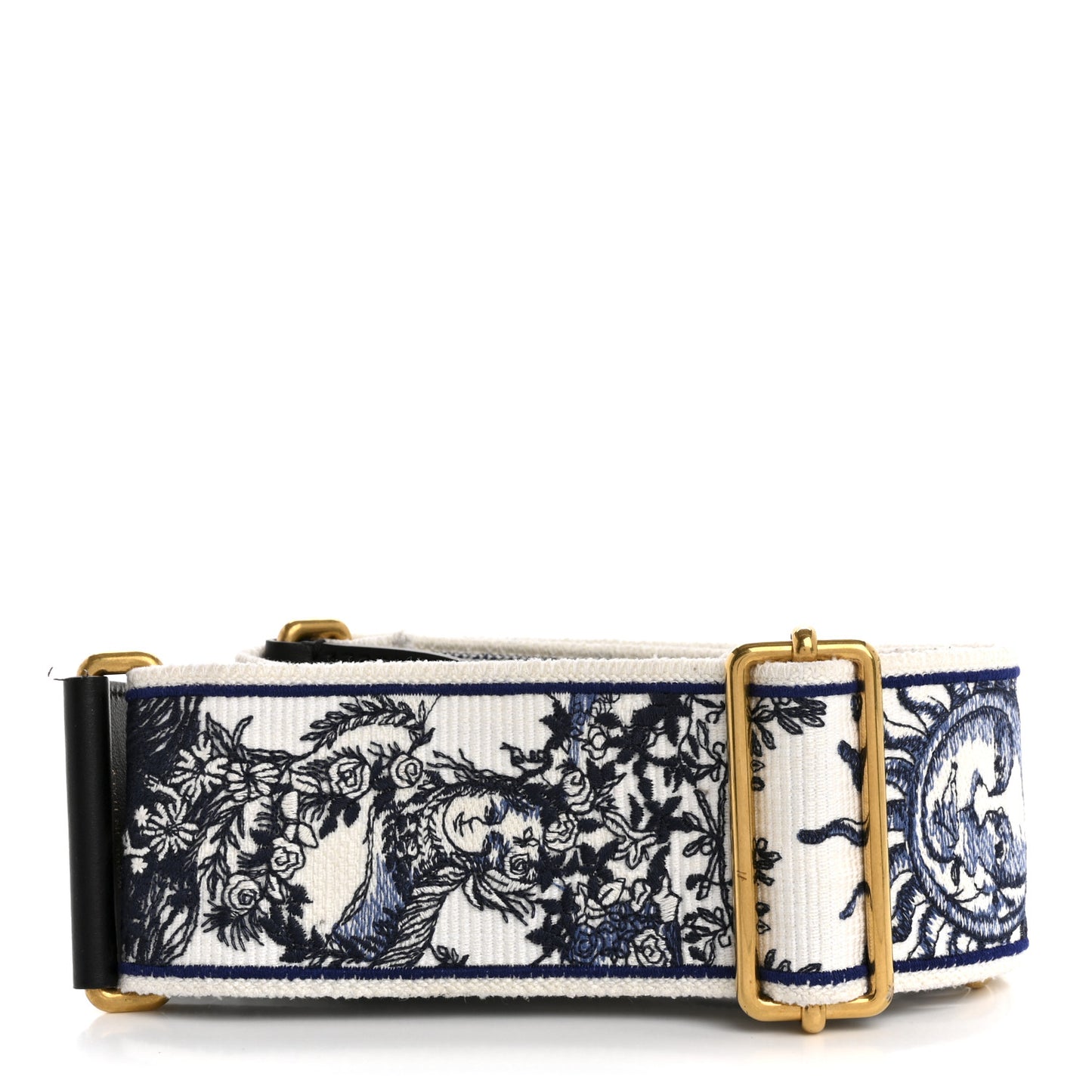 Canvas Embroidered Toile de Jouy Soleil Shoulder Strap Black White Blue