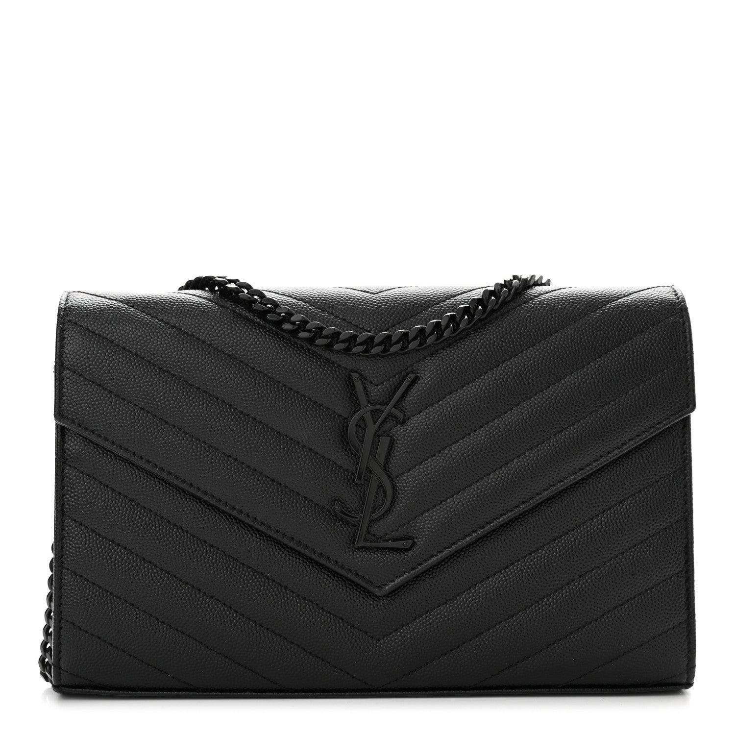 Saint Laurent Grain De Poudre Matelasse Chevron Monogram Monochrome Chain Wallet Black 1 of 11