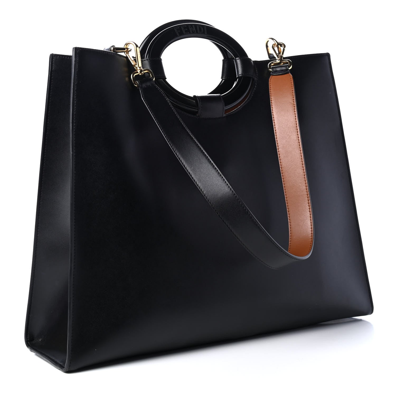 Fendi Vitello Liberty Plexiglass Stamp Patch Perforated Medium Runaway Shopper Tote Black 2 of 4