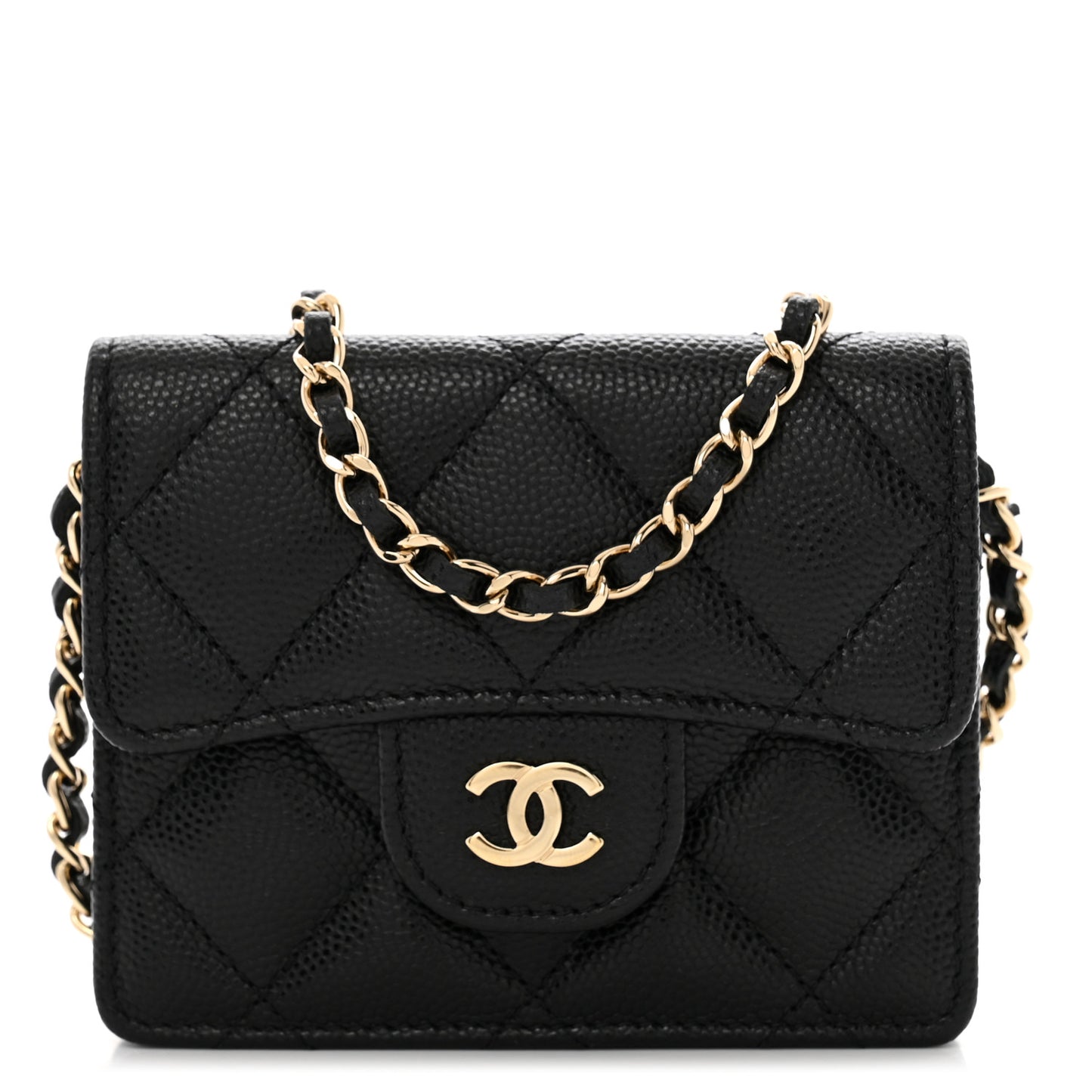 Caviar Quilted Flap Card Holder On Chain Black