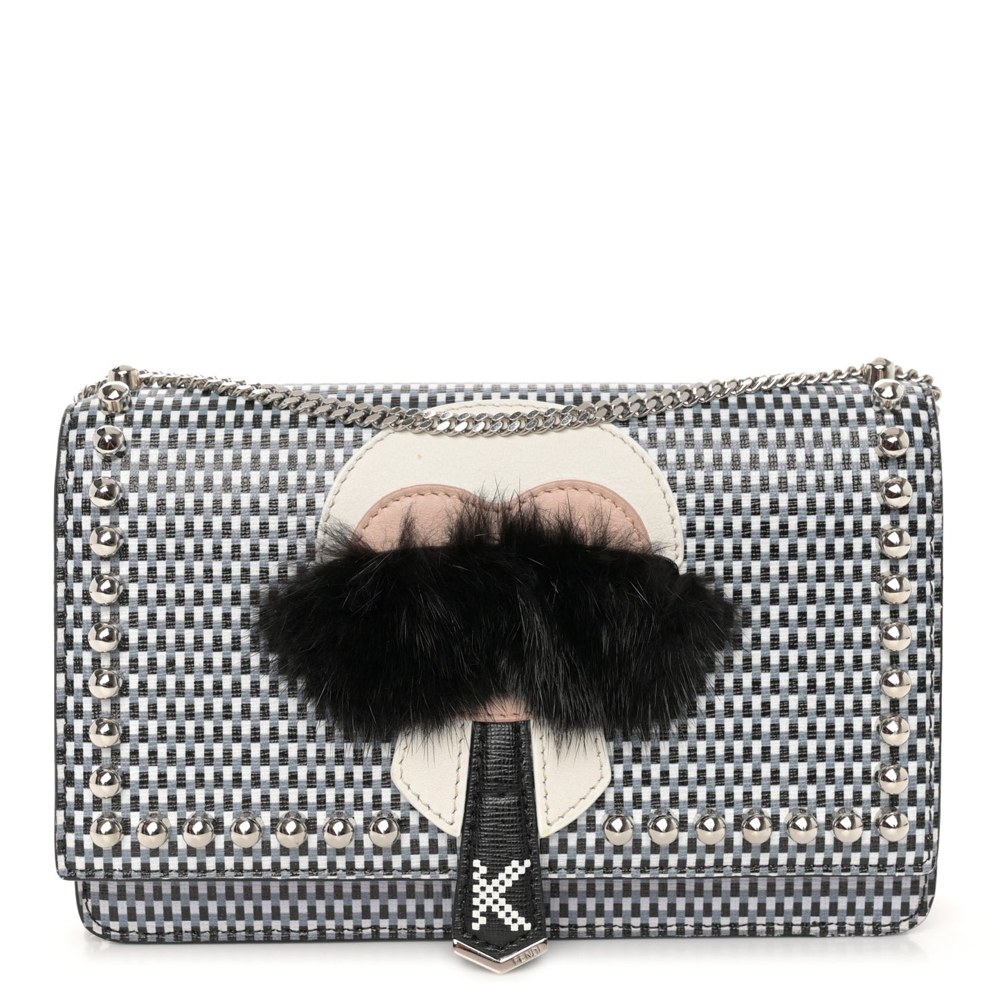 Vitello Elite Mink Fur Studded Karlito Tube Wallet On Chain Black White