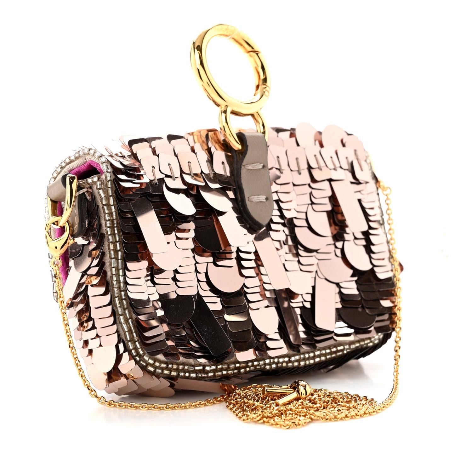 Sequin Paillettes Shiny Nappa Sex and the City Nano Maxi Buckle Baguette Charm Tortora