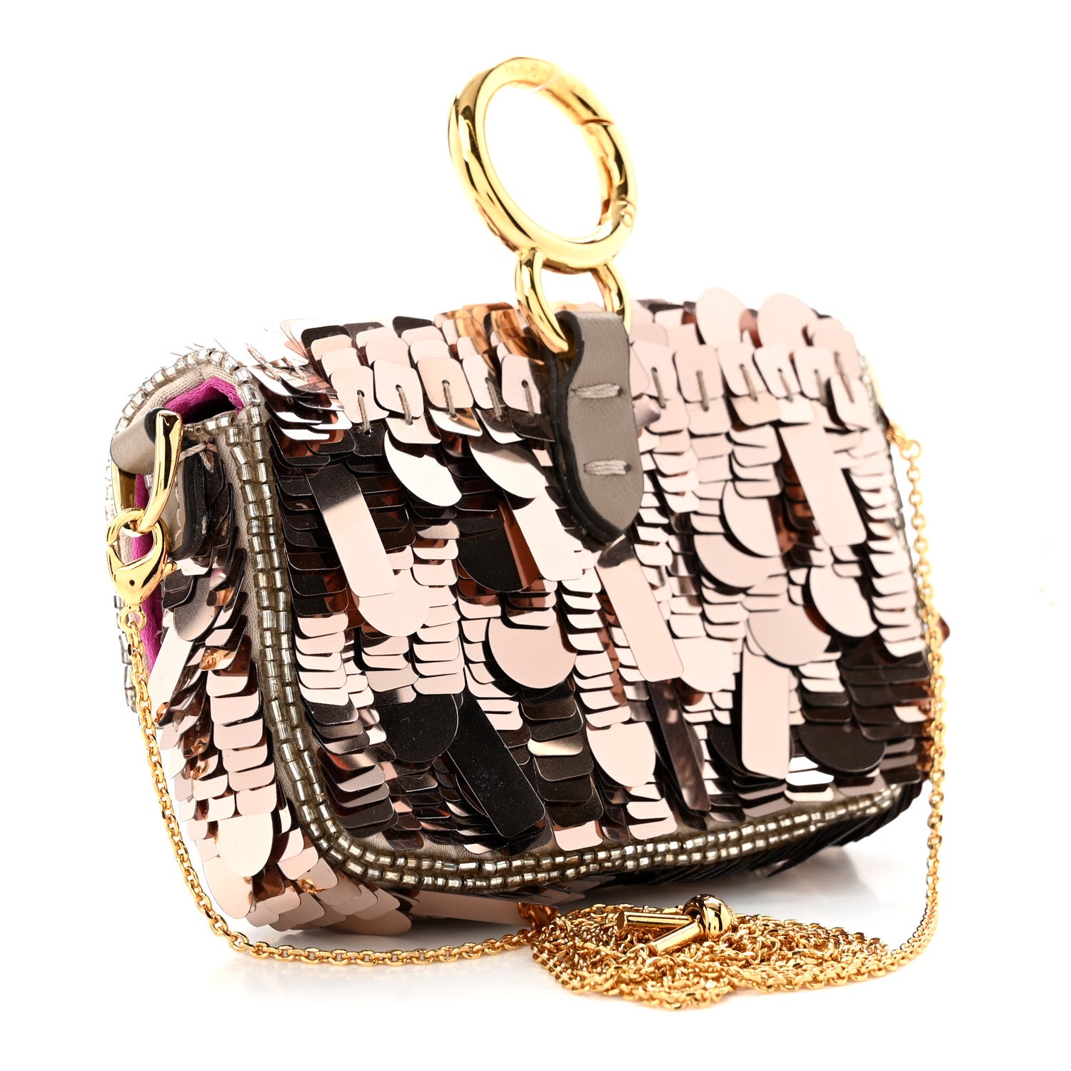 Fendi Sequin Paillettes Shiny Nappa Sex and the City Nano Maxi Buckle Baguette Charm Tortora 3 of 10